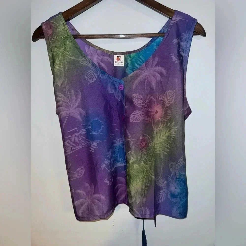 RIMA women’s Tank Top Faux Silk Blue/Purple‎ Watercolor palm tree Graphics small